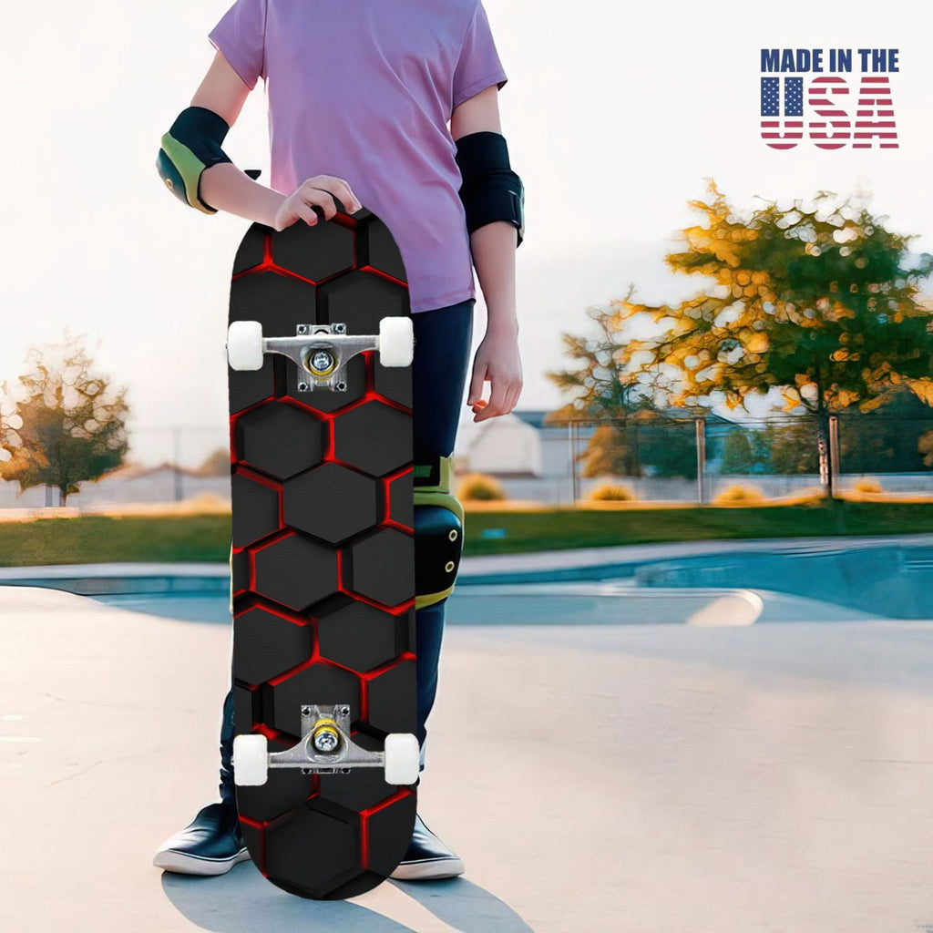 31"x8" Complete Skateboards for Beginners,Black Hexagon Honeycomb Glowing Blue Accents Double Kick 7 Ply Canadian Maple Deck Skateboard with Wheels, Gifts for Kids Teens