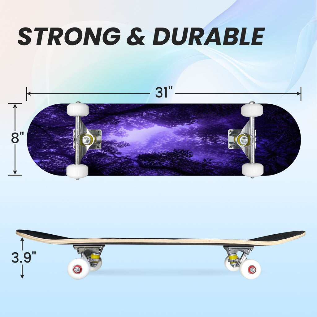 31"x8" Complete Skateboards for Beginners, Colorful Mushroom Floral Magical Night Forest Vintage Double Kick 7 Ply Canadian Maple Deck Skateboard with Wheels, Gifts for Kids Teens
