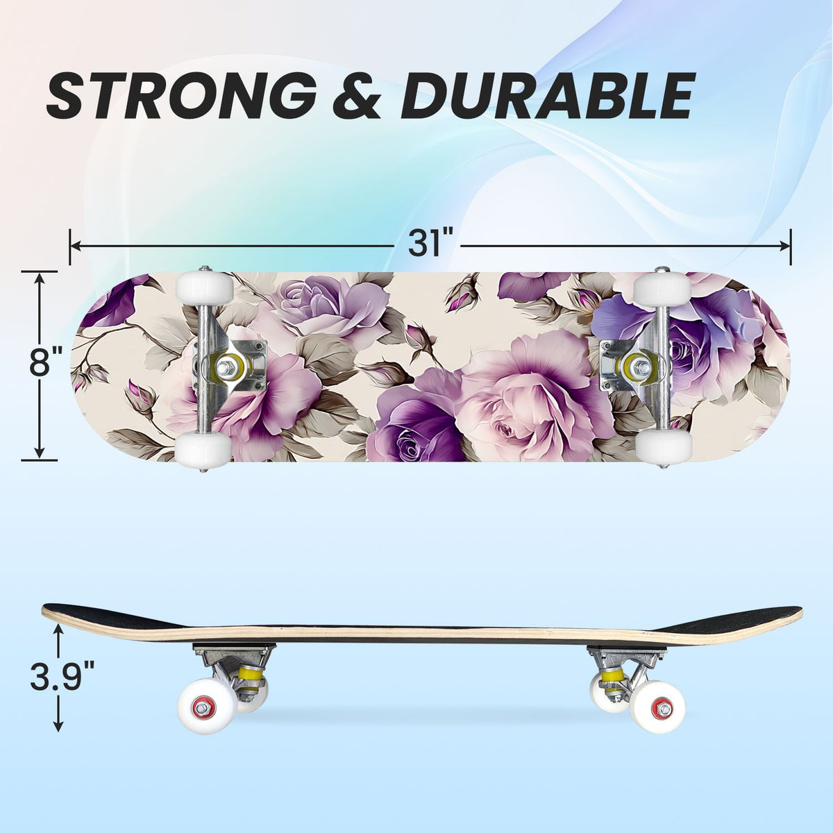 31"x8" Complete Skateboards for Beginners, Elegant Floral Pink Roses Blue Butterflies Double Kick 7 Ply Canadian Maple Deck Skateboard with Wheels, Gifts for Kids Teens