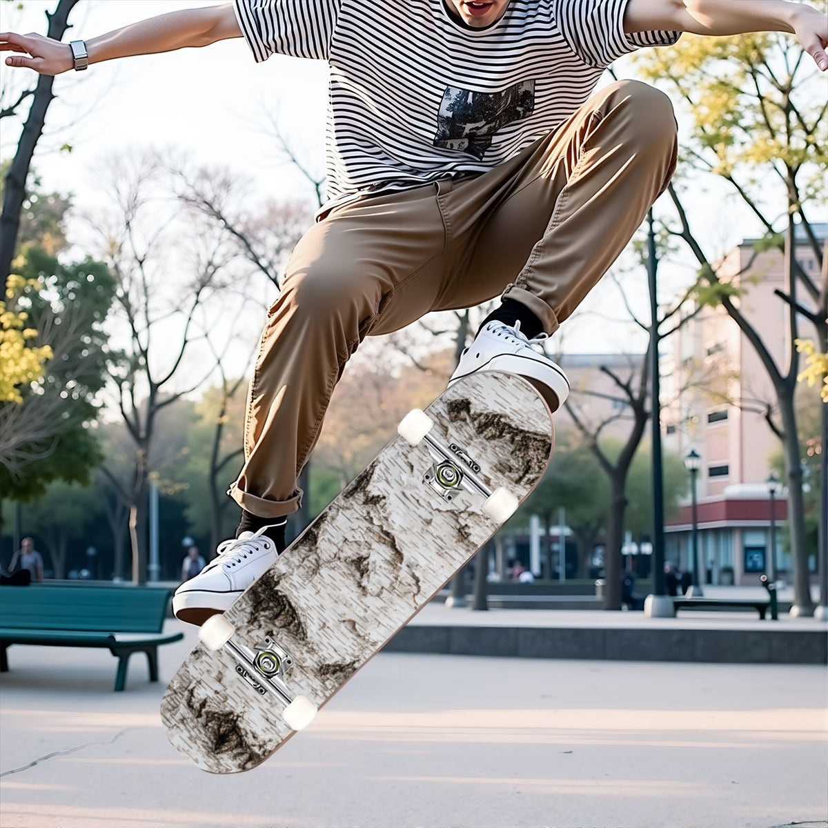 31"x8" Complete Skateboards for Beginners, White Birch Tree Bark Natural Knots Horizontal Lines Double Kick 7 Ply Canadian Maple Deck Skateboard with Wheels, Gifts for Kids Teens