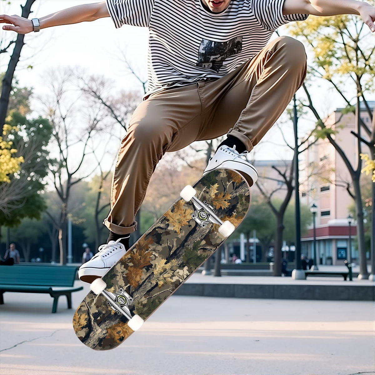 31"x8" Complete Skateboards for Beginners,Abstract Natural Earthy Tones Brush Strokes Camouflage Double Kick 7 Ply Canadian Maple Deck Skateboard with Wheels, Gifts for Kids Teens