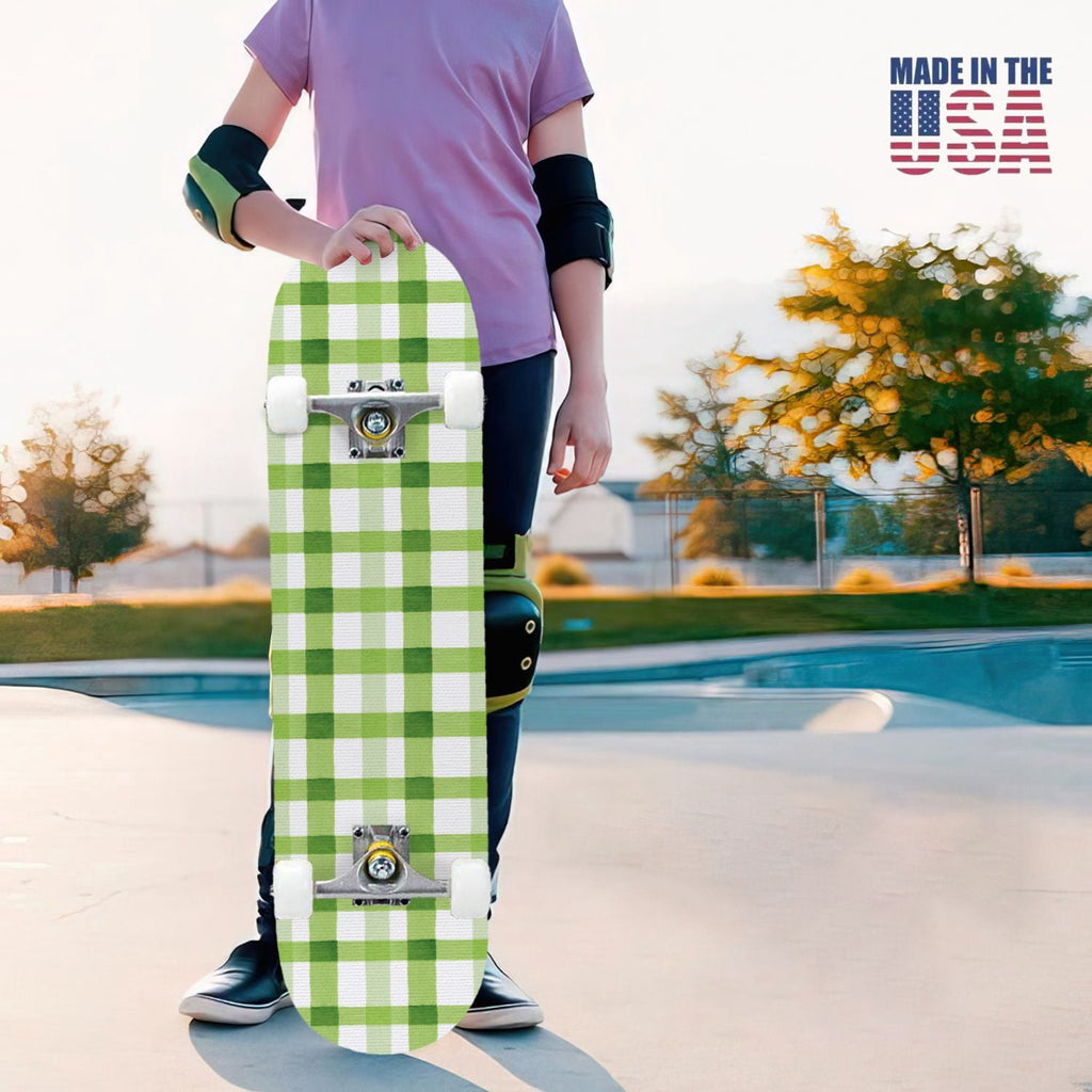 31"x8" Complete Skateboards for Beginners,Green White Plaid Checkered Watercolor Double Kick 7 Ply Canadian Maple Deck Skateboard with Wheels, Gifts for Kids Teens