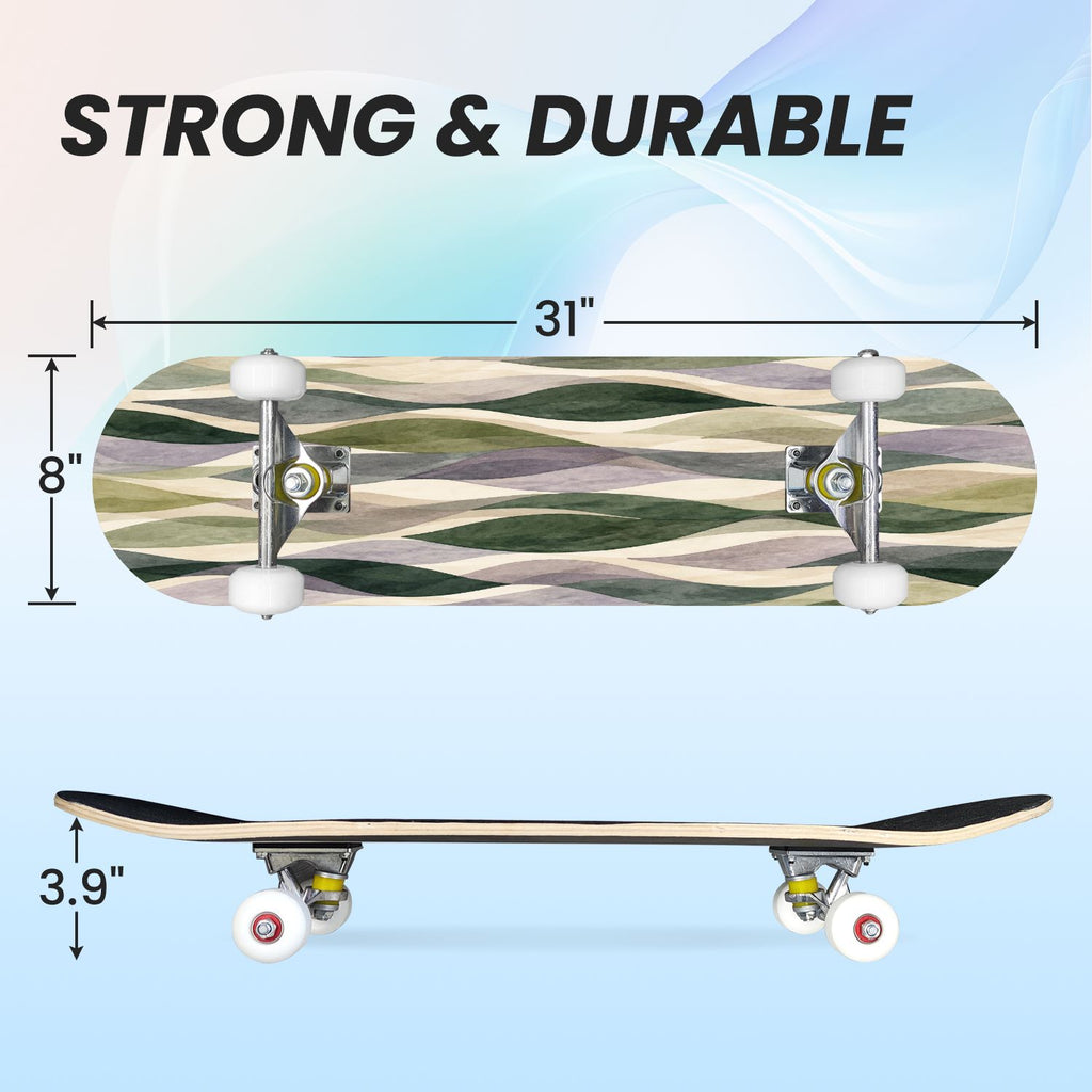 31"x8" Complete Skateboards for Beginners, Vibrant Purple Teal Floral Artwork Golden Accents Vintage Double Kick 7 Ply Canadian Maple Deck Skateboard with Wheels, Gifts for Kids Teens