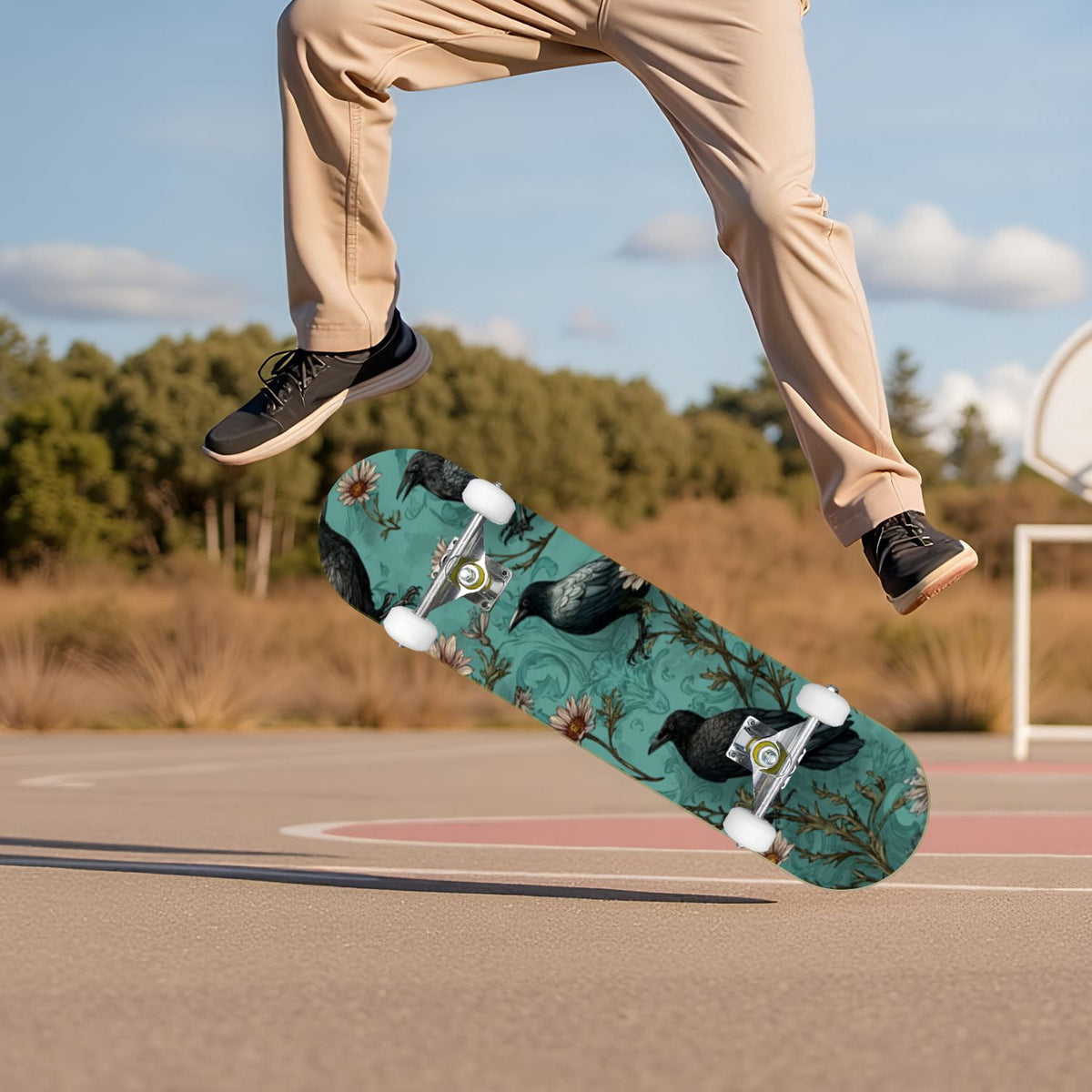 Gothic Purple Blue Floral Dark 31" x 8" Complete Skateboard, 7-Ply Canadian Maple Double Kick Trick Board for Kids and Beginners Adult Gifts