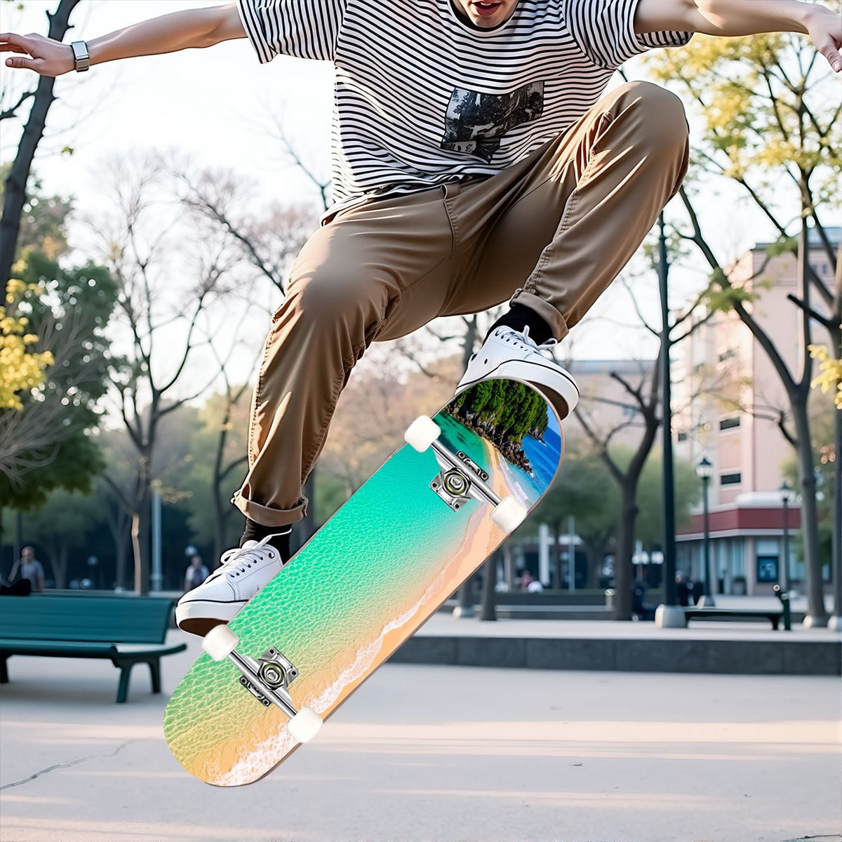 31"x8" Complete Skateboards for Beginners, Idyllic Tropical Beach Turquoise Water Golden Sand Shoreline Double Kick 7 Ply Canadian Maple Deck Skateboard with Wheels, Gifts for Kids Teens