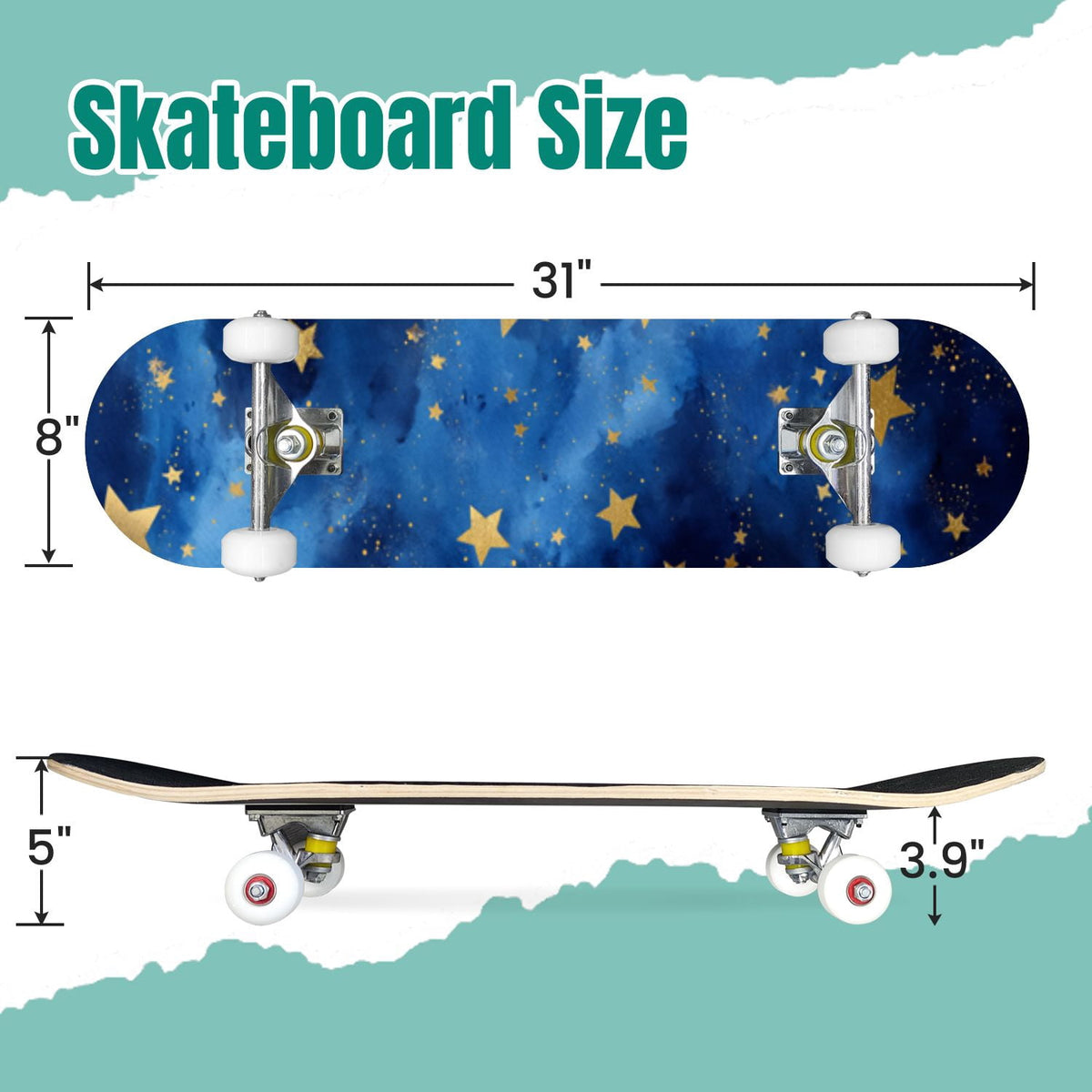 Vibrant Purple Blue Cosmic Galaxy Stars Nebula Clouds 31" x 8" Complete Skateboard, 7-Ply Canadian Maple Double Kick Trick Board for Kids and Beginners Adult Gifts