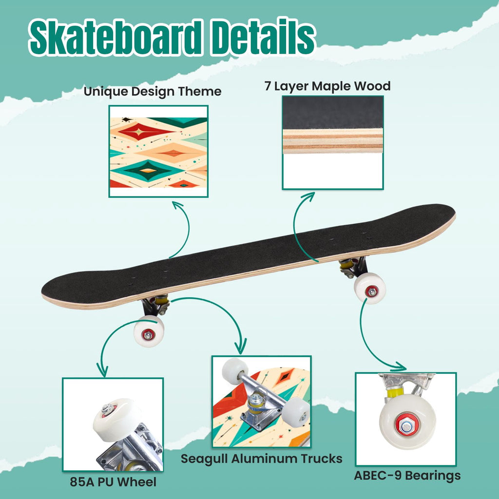 Vintage Movie Theater Classic Cinema 31" x 8" Complete Skateboard, 7-Ply Canadian Maple Double Kick Trick Board for Kids and Beginners Adult Gifts