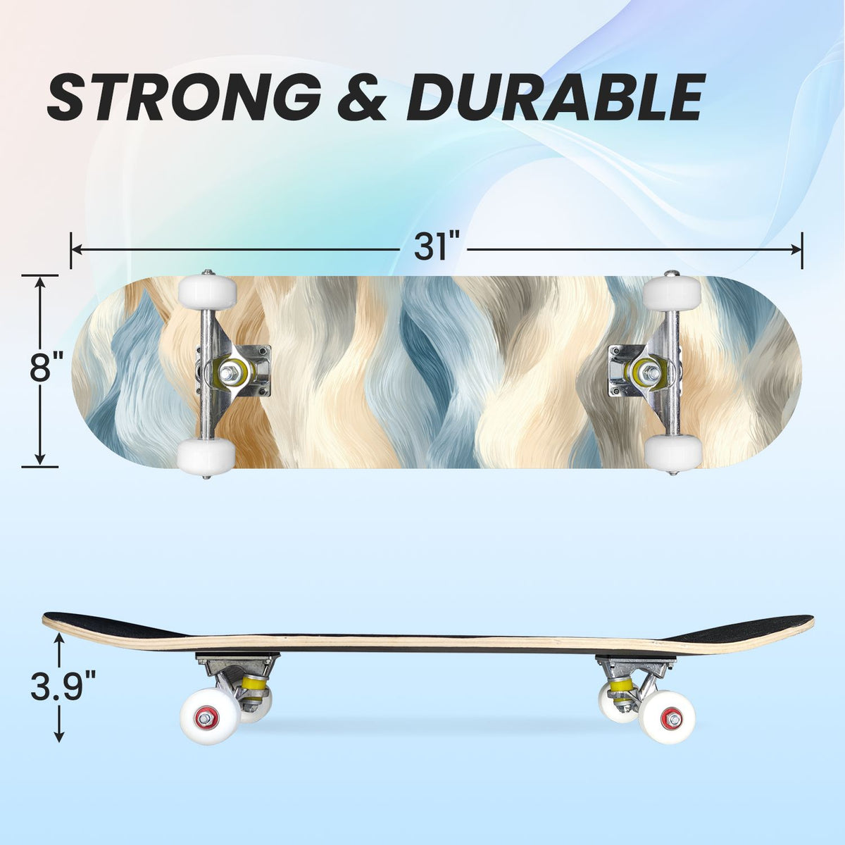 31"x8" Complete Skateboards for Beginners, Abstract Pastel Swirl Soft Earthy Tones Double Kick 7 Ply Canadian Maple Deck Skateboard with Wheels, Gifts for Kids Teens