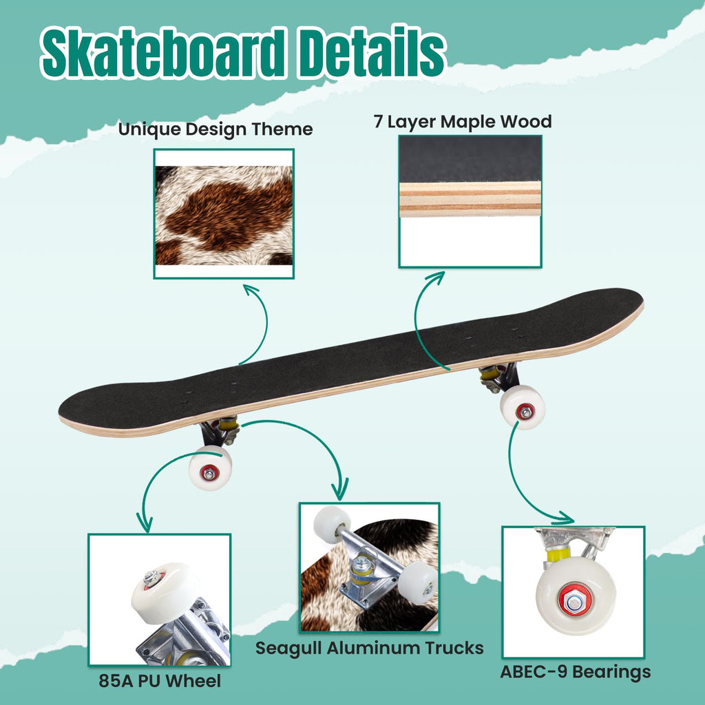 Western Cowboy Horses Desert Landscape 31" x 8" Complete Skateboard, 7-Ply Canadian Maple Double Kick Trick Board for Kids and Beginners Adult Gifts