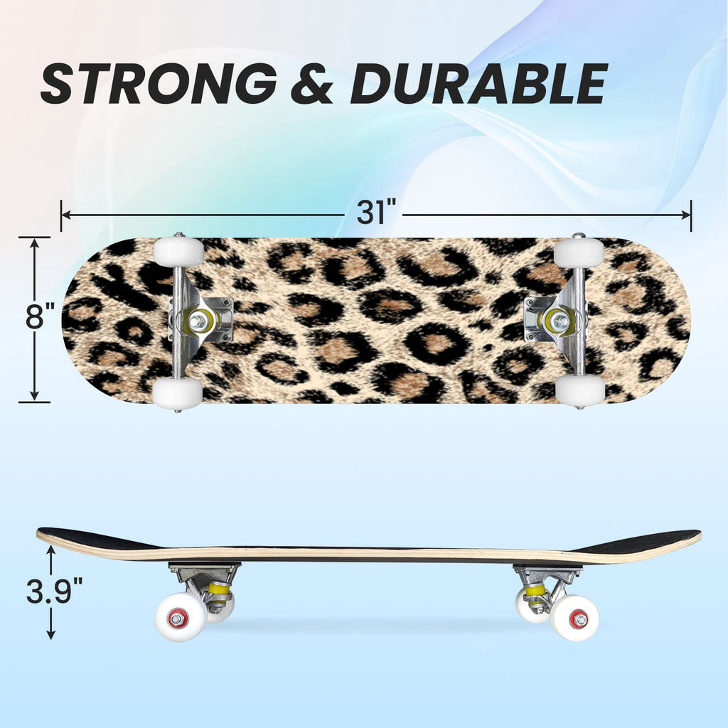 31"x8" Complete Skateboards for Beginners,Black Leopard Print Grey Double Kick 7 Ply Canadian Maple Deck Skateboard with Wheels, Gifts for Kids Teens