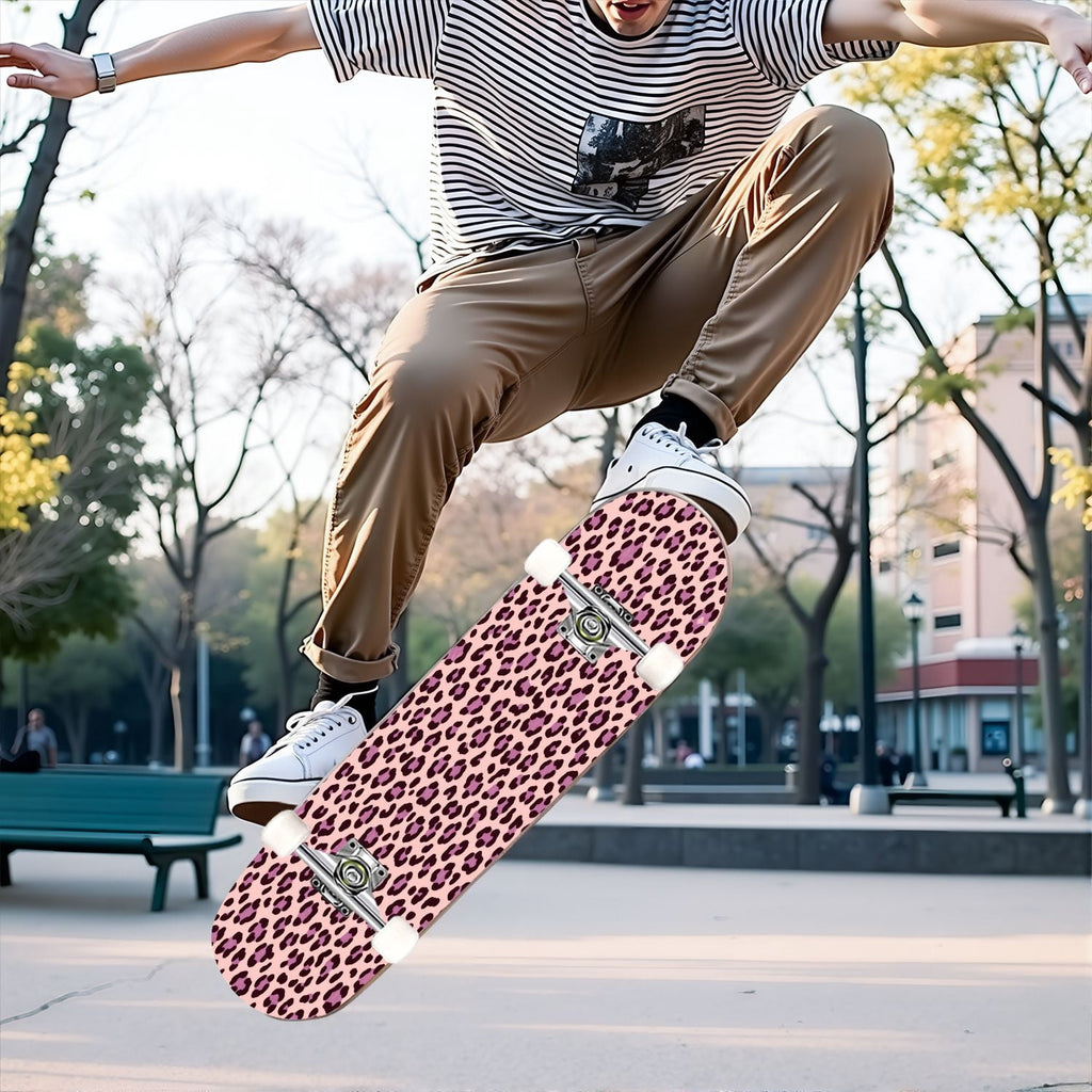 31"x8" Complete Skateboards for Beginners, Pink Floral Ribbon Roses Bows White Double Kick 7 Ply Canadian Maple Deck Skateboard with Wheels, Gifts for Girls Teens