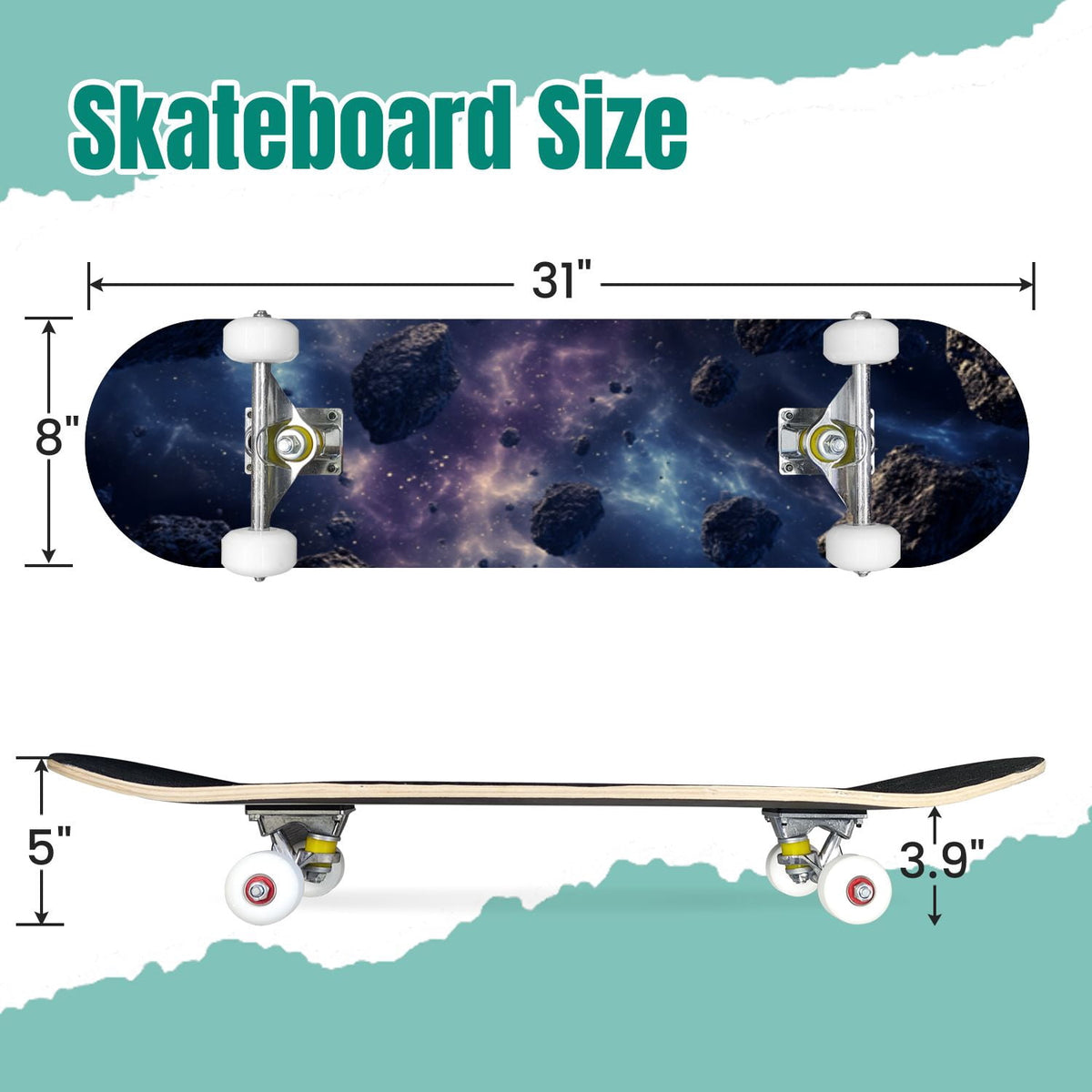 Dark Floral Wildflower Pink Yellow Blue Blooms 31" x 8" Complete Skateboard, 7-Ply Canadian Maple Double Kick Trick Board for Kids and Beginners Adult Gifts