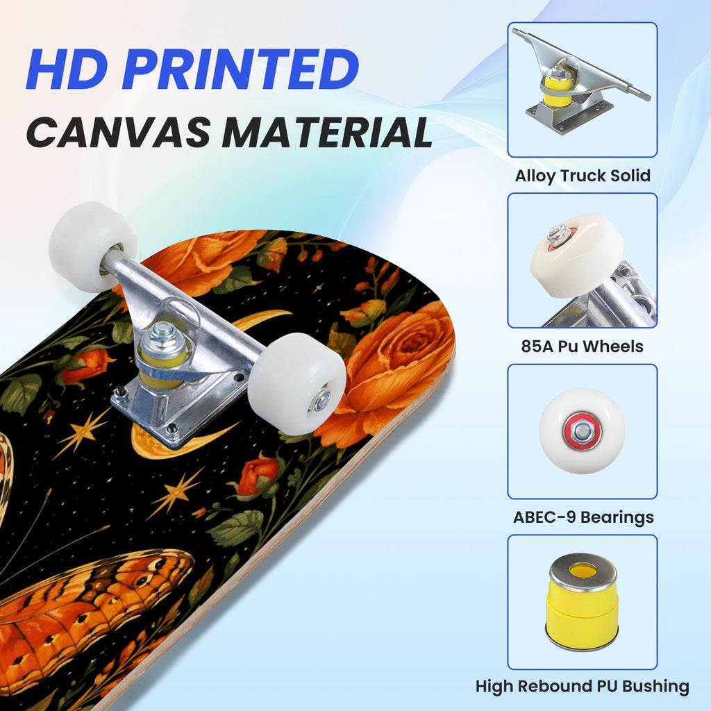 31"x8" Complete Skateboards for Beginners, Purple Floral Roses Butterfly Starry Vintage Botanical Double Kick 7 Ply Canadian Maple Deck Skateboard with Wheels, Gifts for Kids Teens