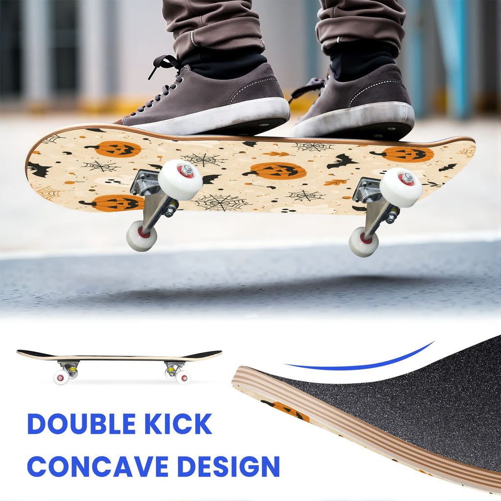 31"x8" Complete Skateboards for Beginners,Halloween Black Cats Pumpkins Ghosts Bats Beige Double Kick 7 Ply Canadian Maple Deck Skateboard with Wheels, Gifts for Kids Teens