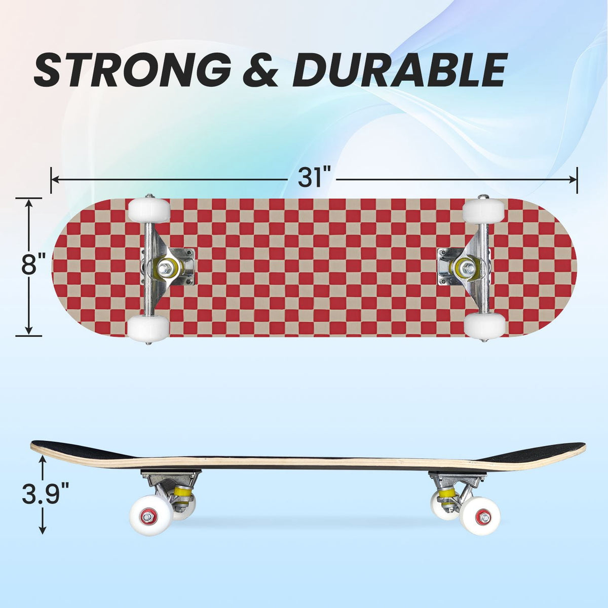 31"x8" Complete Skateboards for Beginners,Black Pink Checkered Retro Aesthetic Double Kick 7 Ply Canadian Maple Deck Skateboard with Wheels, Gifts for Kids Teens