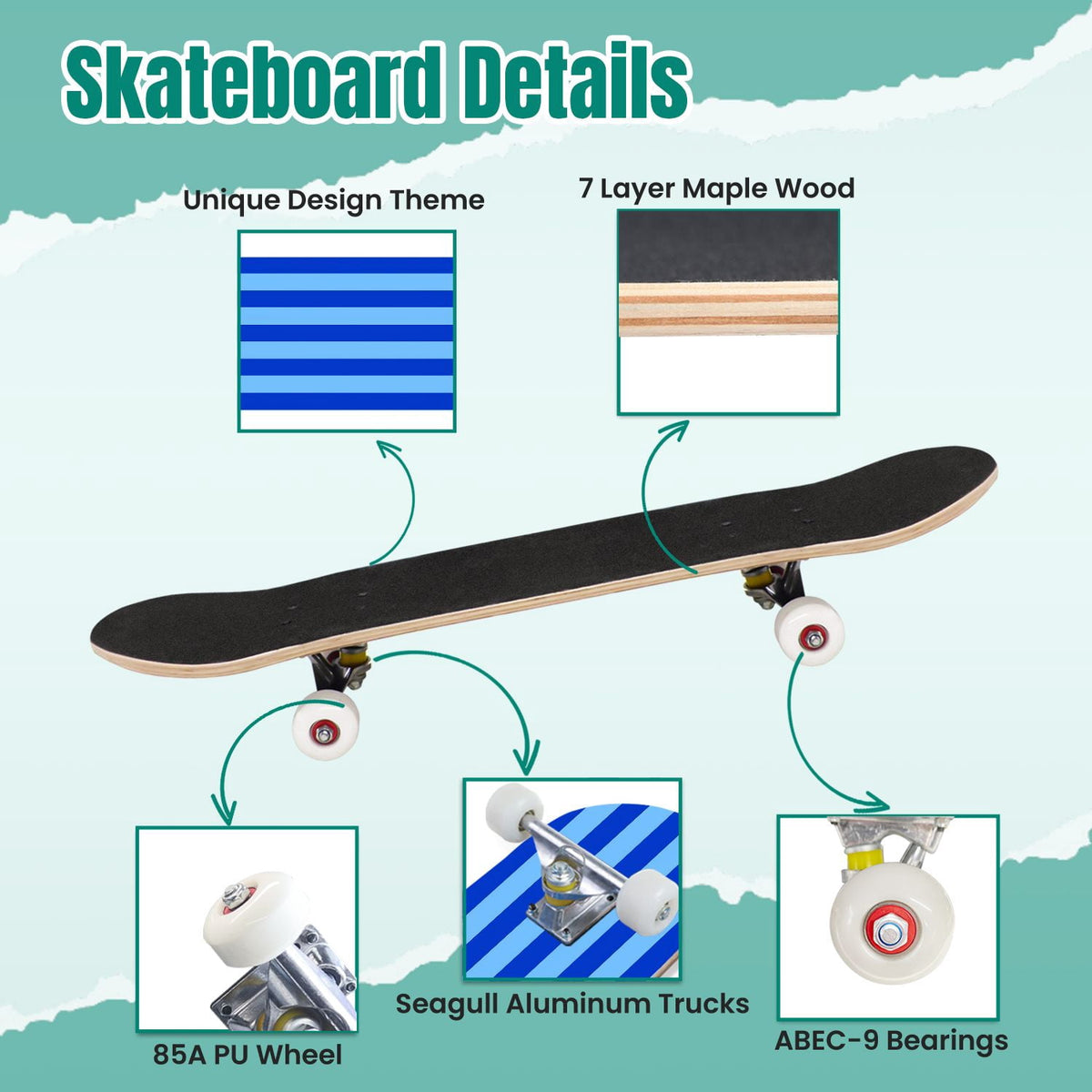 Yellow White Vertical Striped Soft Gradient Lines Minimalist Design 31" x 8" Complete Skateboard, 7-Ply Canadian Maple Double Kick Trick Board for Kids and Beginners Adult Gifts