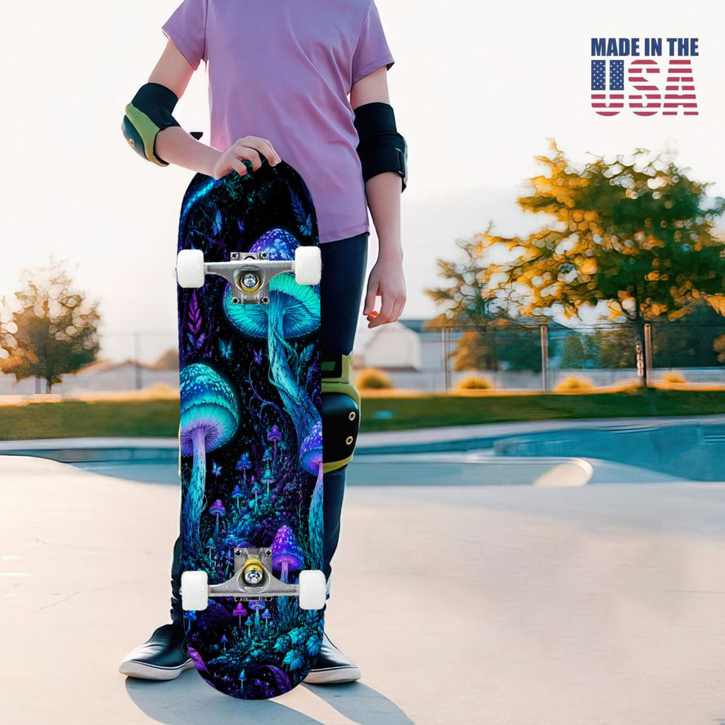 31"x8" Complete Skateboards for Beginners, Glowing Bioluminescent Mushrooms Mystical Forest Double Kick 7 Ply Canadian Maple Deck Skateboard with Wheels, Gifts for Kids Teens