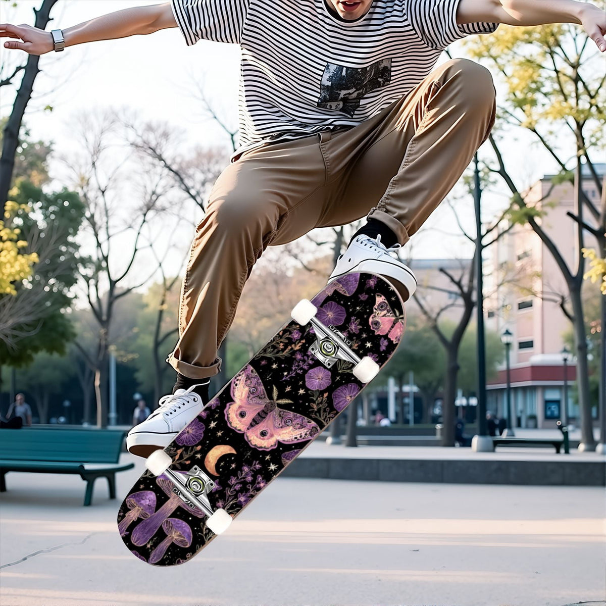 31"x8" Complete Skateboards for Beginners,Pink Cream Vertical Stripes Double Kick 7 Ply Canadian Maple Deck Skateboard with Wheels, Gifts for Kids Teens