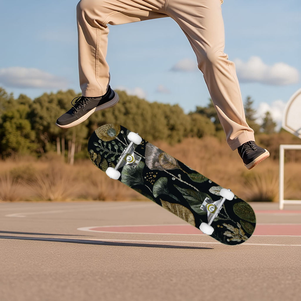 Botanical Embroidery Golden Green Leaves Black 31" x 8" Complete Skateboard, 7-Ply Canadian Maple Double Kick Trick Board for Kids and Beginners Adult Gifts