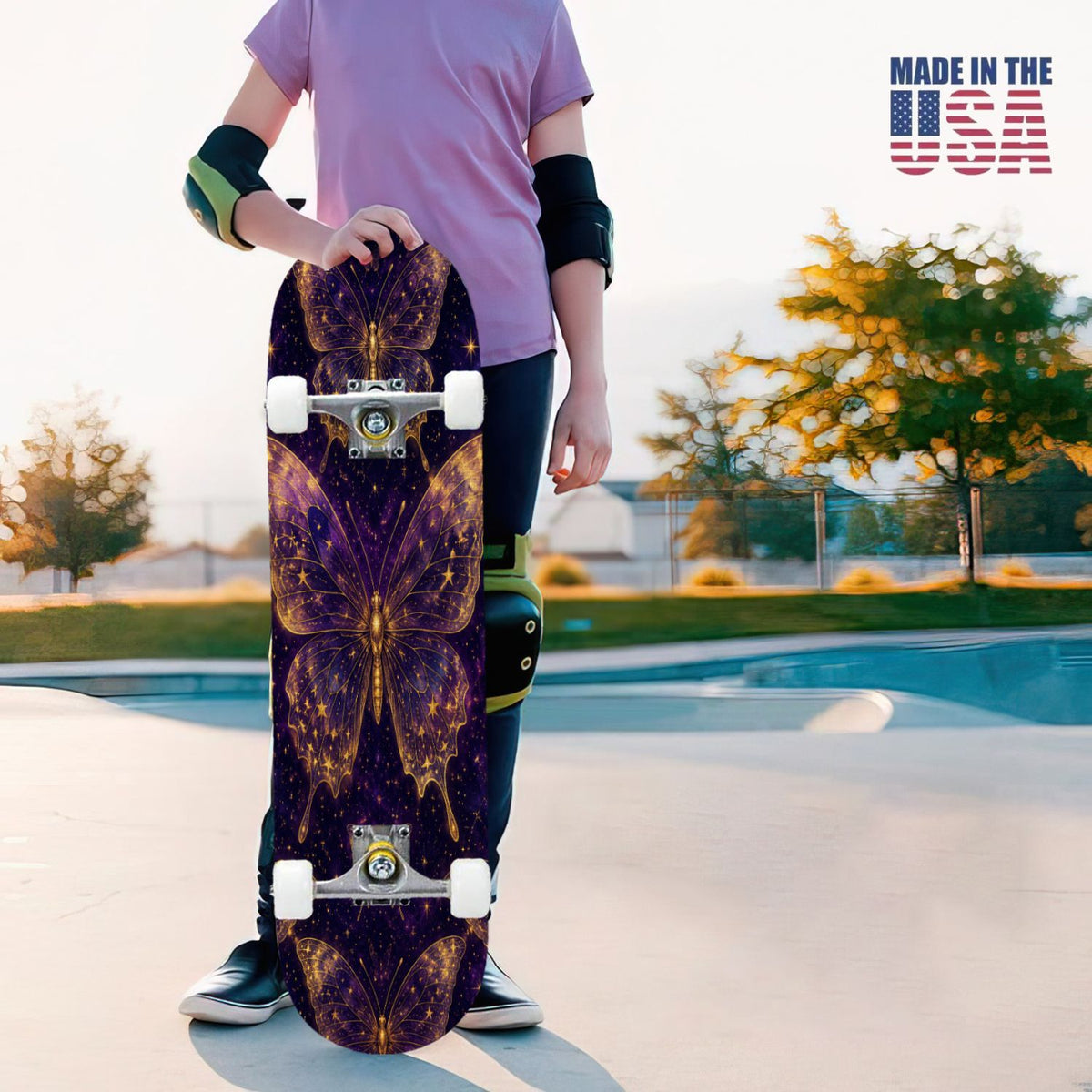 31"x8" Complete Skateboards for Beginners, Mystical Purple Butterfly Glowing Mushrooms Under Full Moon Double Kick 7 Ply Canadian Maple Deck Skateboard with Wheels, Gifts for Kids Teens