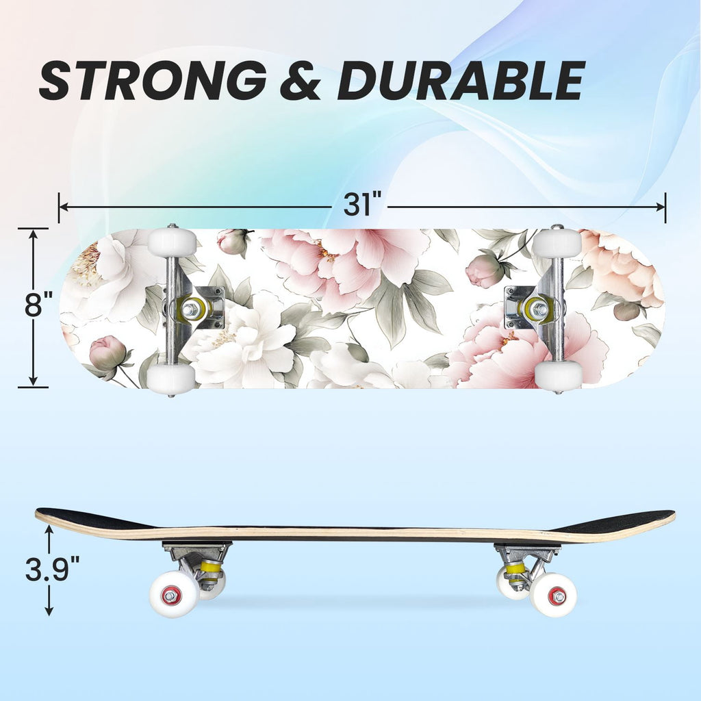 31"x8" Complete Skateboards for Beginners, Elegant Peony Floral Soft Pink White Tones Neutral Double Kick 7 Ply Canadian Maple Deck Skateboard with Wheels, Gifts for Kids Teens