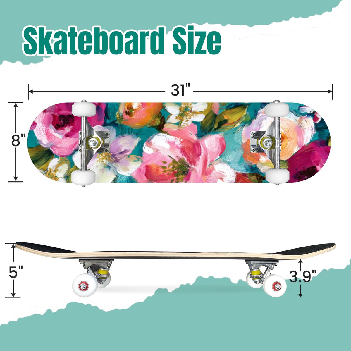 Vibrant Floral Bouquet Pink Roses Bright Colors Teal 31" x 8" Complete Skateboard, 7-Ply Canadian Maple Double Kick Trick Board for Kids and Beginners Adult Gifts