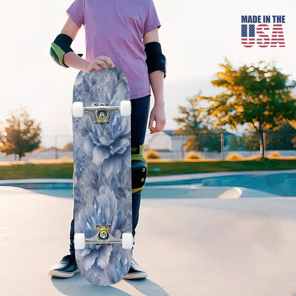 31"x8" Complete Skateboards for Beginners,Blue White Toile Rabbits Birds Floral Motifs Double Kick 7 Ply Canadian Maple Deck Skateboard with Wheels, Gifts for Kids Teens