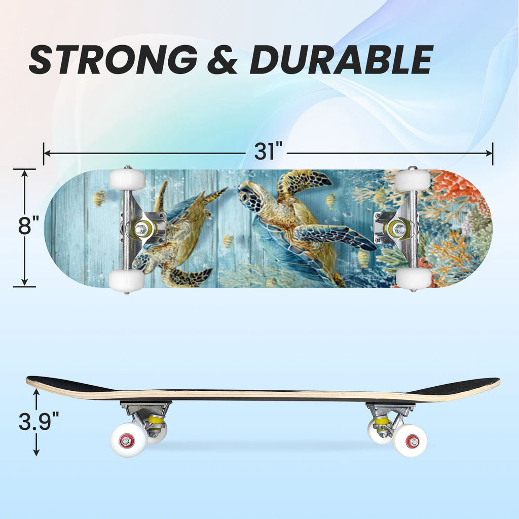 31"x8" Complete Skateboards for Beginners, Turquoise Flowers Teal Daisy Flower Butterfly Blue Romantic Double Kick 7 Ply Canadian Maple Deck Skateboard with Wheels, Gifts for Kids Teens