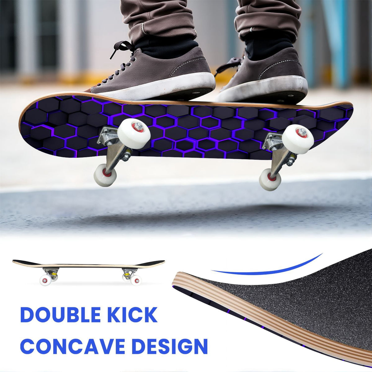 31"x8" Complete Skateboards for Beginners,Geometric Hexagon Glowing Neon Blue Purple Double Kick 7 Ply Canadian Maple Deck Skateboard with Wheels, Gifts for Kids Teens