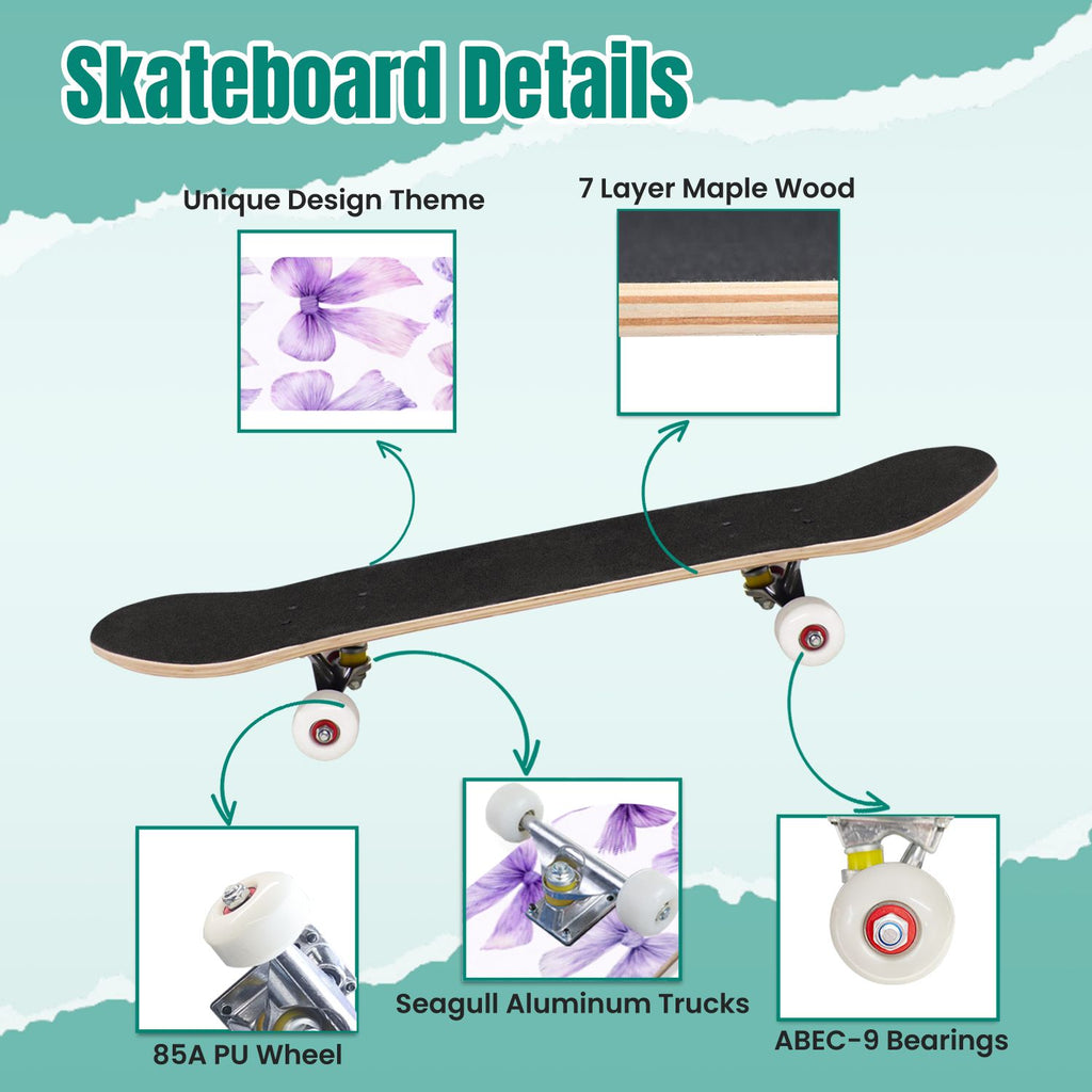 Delicate Pink Floral Ribbon Design 31" x 8" Complete Skateboard, 7-Ply Canadian Maple Double Kick Trick Board for Kids and Beginners Adult Gifts