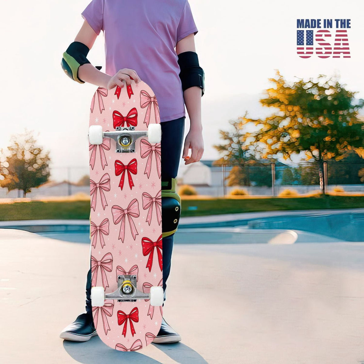31"x8" Complete Skateboards for Beginners, Pink Bow Heart Vertical Stripes Romantic Double Kick 7 Ply Canadian Maple Deck Skateboard with Wheels, Gifts for Kids Teens