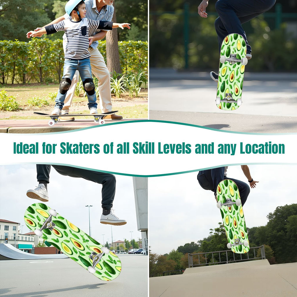 31"x8" sliced avocado Complete Skateboard for Beginners whole bright green seamless 7 Layer Maple Deck Double Kick Kids Skateboard with 85A PU Wheels Gifts for Kids Teens