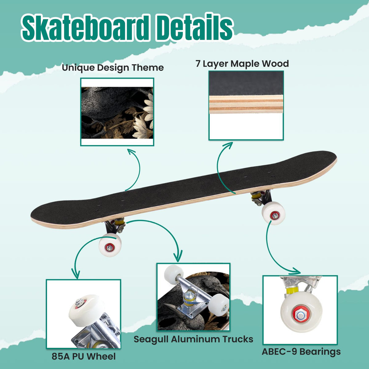 Gothic Purple Blue Floral Dark 31" x 8" Complete Skateboard, 7-Ply Canadian Maple Double Kick Trick Board for Kids and Beginners Adult Gifts
