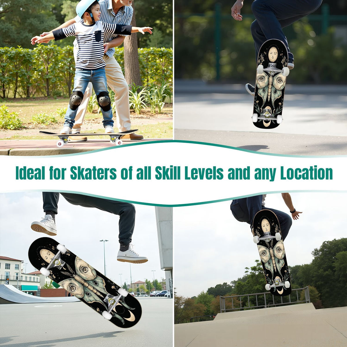 31"x8" Complete Skateboards for Beginners, Skeleton Tree Figure Antler Branches Dark Academia Flowers Double Kick 7 Ply Canadian Maple Deck Skateboard with Wheels, Gifts for Kids Teens