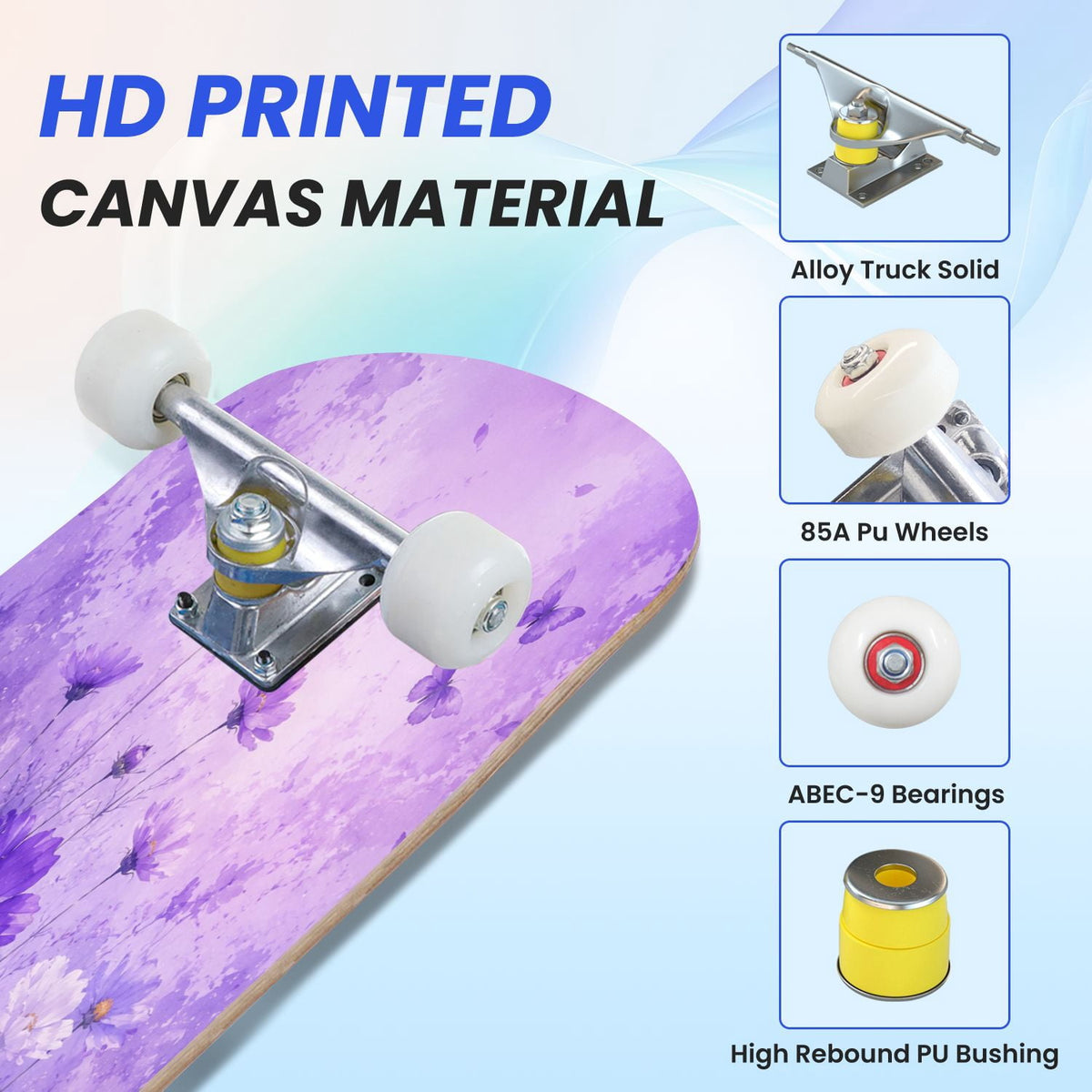 31"x8" Complete Skateboards for Beginners, Purple White Cosmos Flowers Butterflies Watercolor Double Kick 7 Ply Canadian Maple Deck Skateboard with Wheels, Gifts for Kids Teens