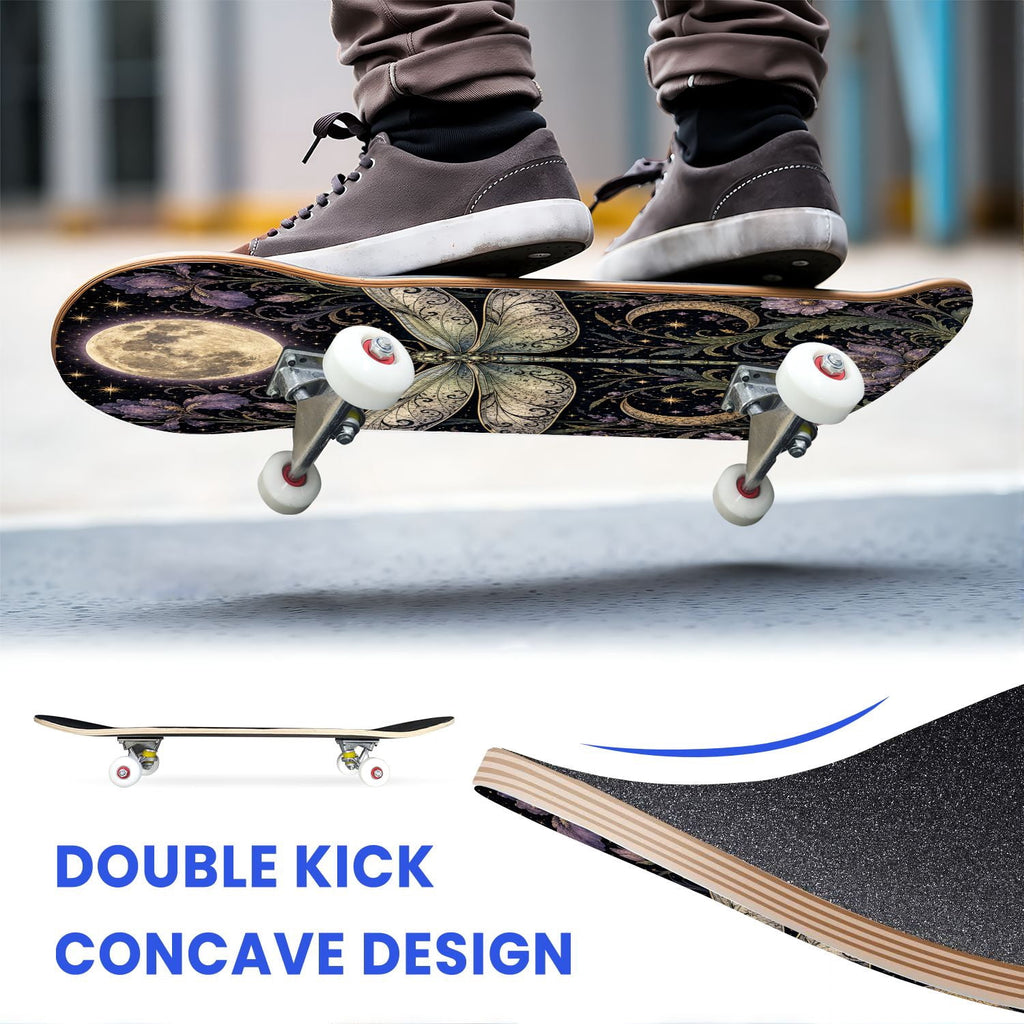 31"x8" Complete Skateboards for Beginners, Butterfly Garden Vintage Botanical Motifs Dark Green Teal Double Kick 7 Ply Canadian Maple Deck Skateboard with Wheels, Gifts for Kids Teens