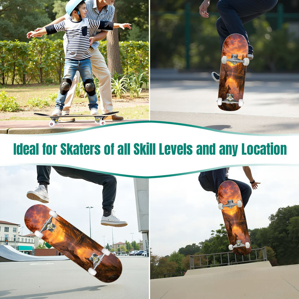 Modern Botanical Watercolor Pink Gold Mint Navy Leaves 31" x 8" Complete Skateboard, 7-Ply Canadian Maple Double Kick Trick Board for Kids and Beginners Adult Gifts