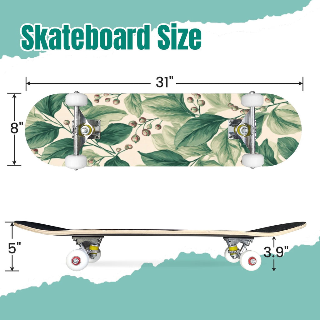 Botanical Floral Peonies Hummingbirds 31" x 8" Complete Skateboard, 7-Ply Canadian Maple Double Kick Trick Board for Kids and Beginners Adult Gifts