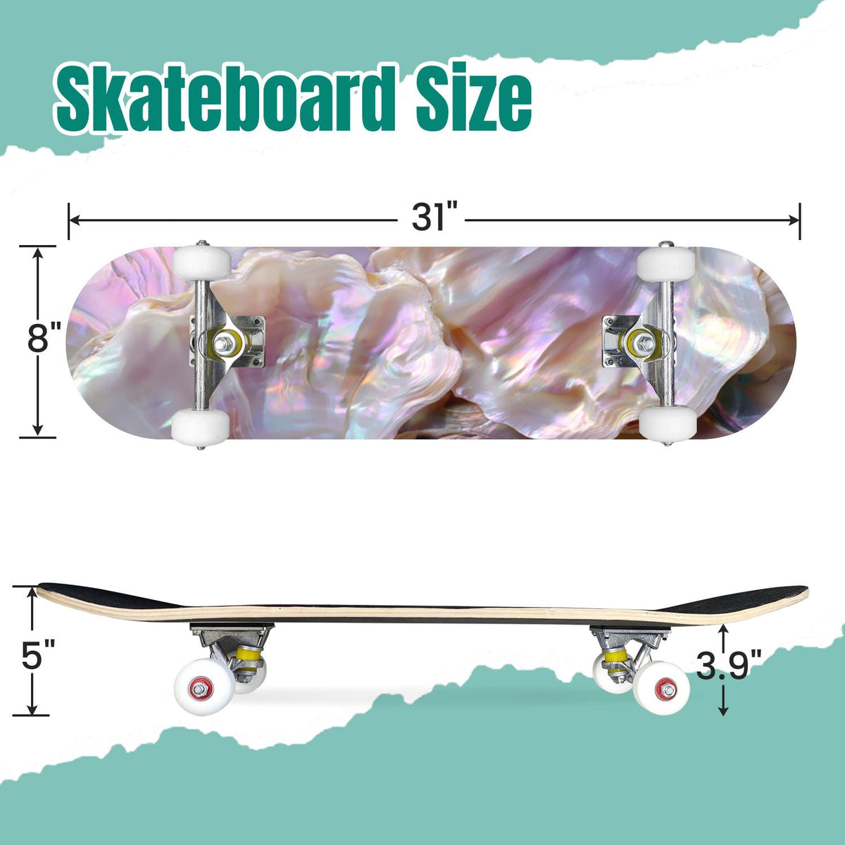 Vintage Damask Light Blue Brown Tones 31" x 8" Complete Skateboard, 7-Ply Canadian Maple Double Kick Trick Board for Kids and Beginners Adult Gifts