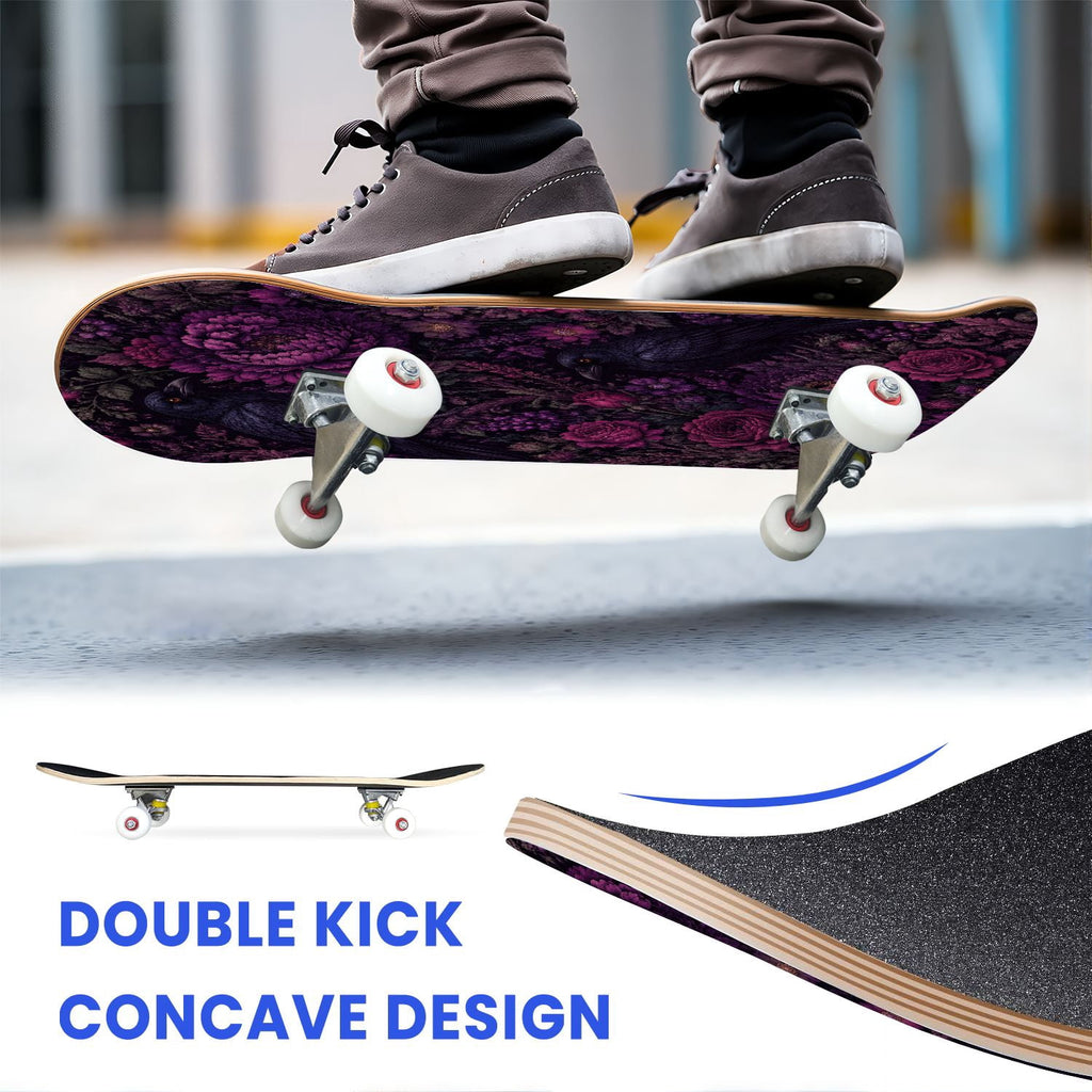 31"x8" Complete Skateboards for Beginners, Purple White Cosmos Flowers Butterflies Watercolor Double Kick 7 Ply Canadian Maple Deck Skateboard with Wheels, Gifts for Kids Teens