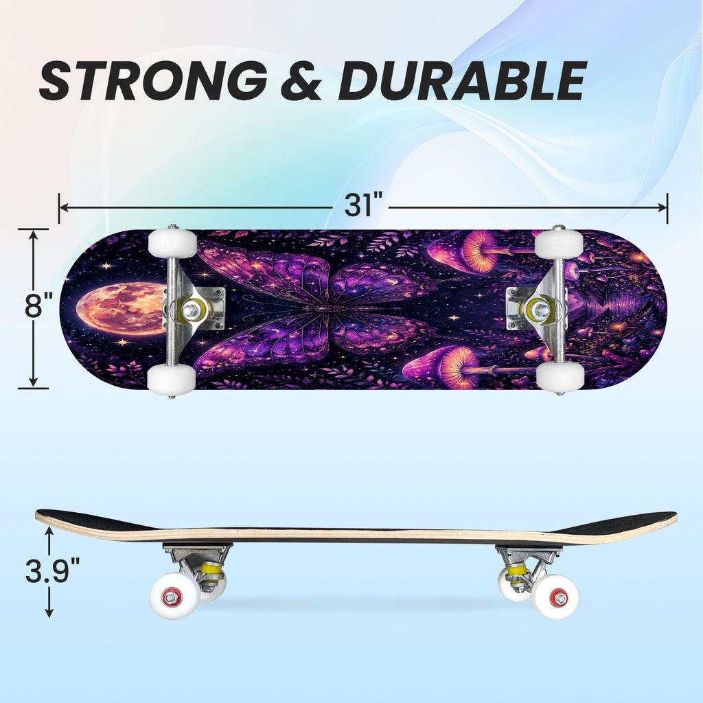31"x8" Complete Skateboards for Beginners, Glowing Bioluminescent Mushrooms Mystical Forest Double Kick 7 Ply Canadian Maple Deck Skateboard with Wheels, Gifts for Kids Teens