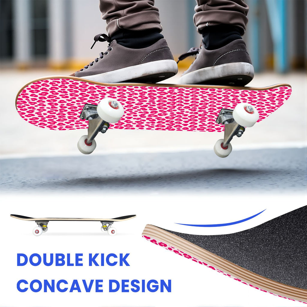 31"x8" Complete Skateboards for Beginners, Seamless Pink Peony Floral Cream Double Kick 7 Ply Canadian Maple Deck Skateboard with Wheels, Gifts for Girls Teens