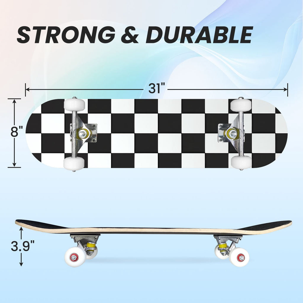 31"x8" Complete Skateboards for Beginners,Light Green White Gingham Checkered Double Kick 7 Ply Canadian Maple Deck Skateboard with Wheels, Gifts for Kids Teens