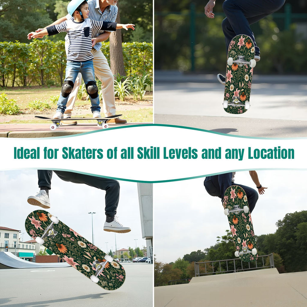 Forest Tree Wood Green Pine Trees Autumn Leaves Fog Misty 31" x 8" Complete Skateboard, 7-Ply Canadian Maple Double Kick Trick Board for Kids and Beginners Adult Gifts