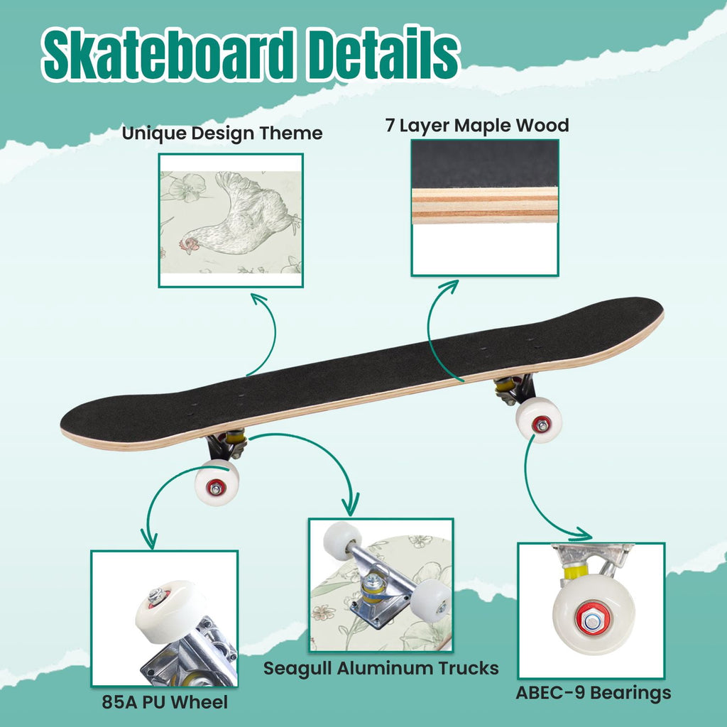 Buffalo Tan Grass Illustrations 31" x 8" Complete Skateboard, 7-Ply Canadian Maple Double Kick Trick Board for Kids and Beginners Adult Gifts