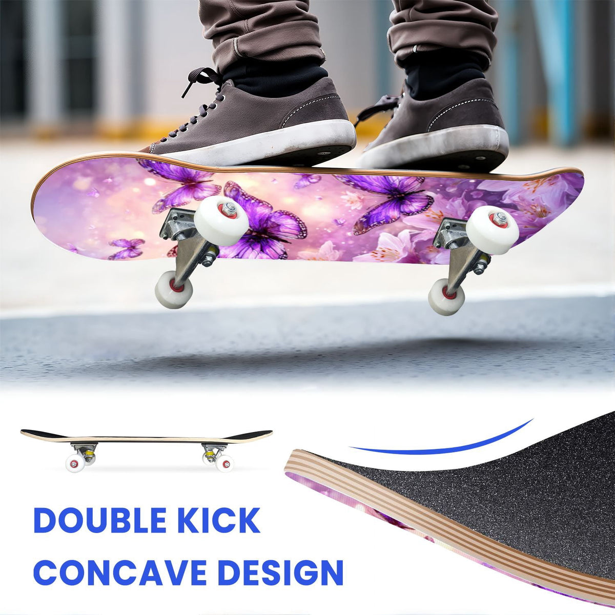 31"x8" Complete Skateboards for Beginners, Blue Deep Sea Sailing Ship Octopus Lighthouse Clouds Ocean Double Kick 7 Ply Canadian Maple Deck Skateboard with Wheels, Gifts for Kids Teens