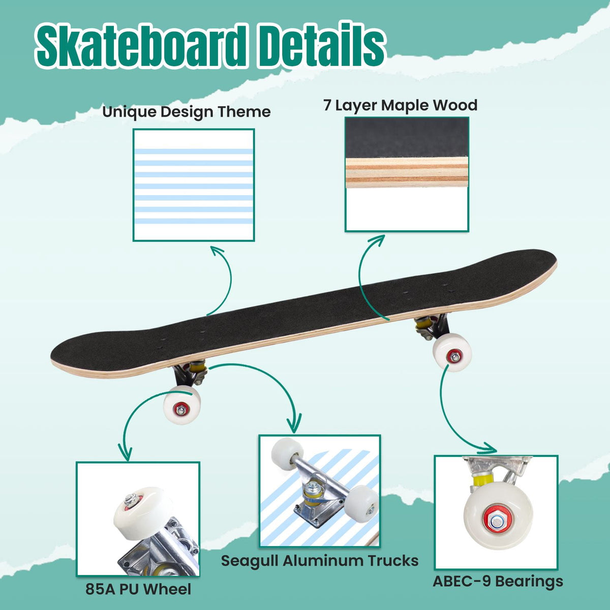 Yellow White Vertical Striped Soft Gradient Lines Minimalist Design 31" x 8" Complete Skateboard, 7-Ply Canadian Maple Double Kick Trick Board for Kids and Beginners Adult Gifts