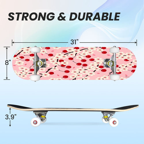 31"x8" Complete Skateboards for Beginners, Cherry Blossom Red Cherry Seamless Pink Botanical Double Kick 7 Ply Canadian Maple Deck Skateboard with Wheels, Gifts for Girls Teens
