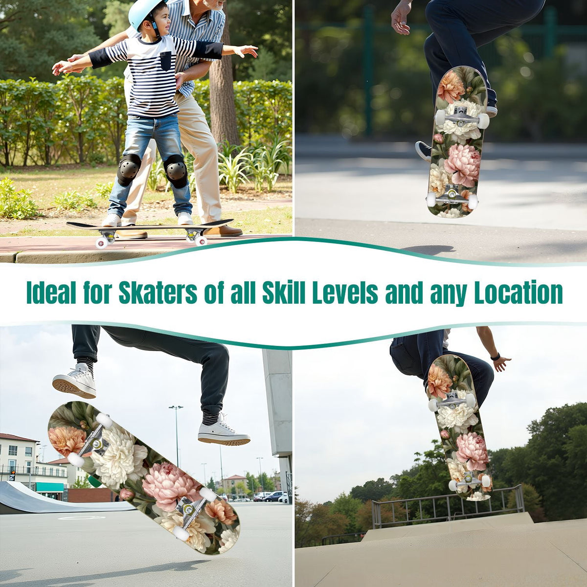 Elegant Cream Peach Peony Floral Green 31" x 8" Complete Skateboard, 7-Ply Canadian Maple Double Kick Trick Board for Kids and Beginners Adult Gifts