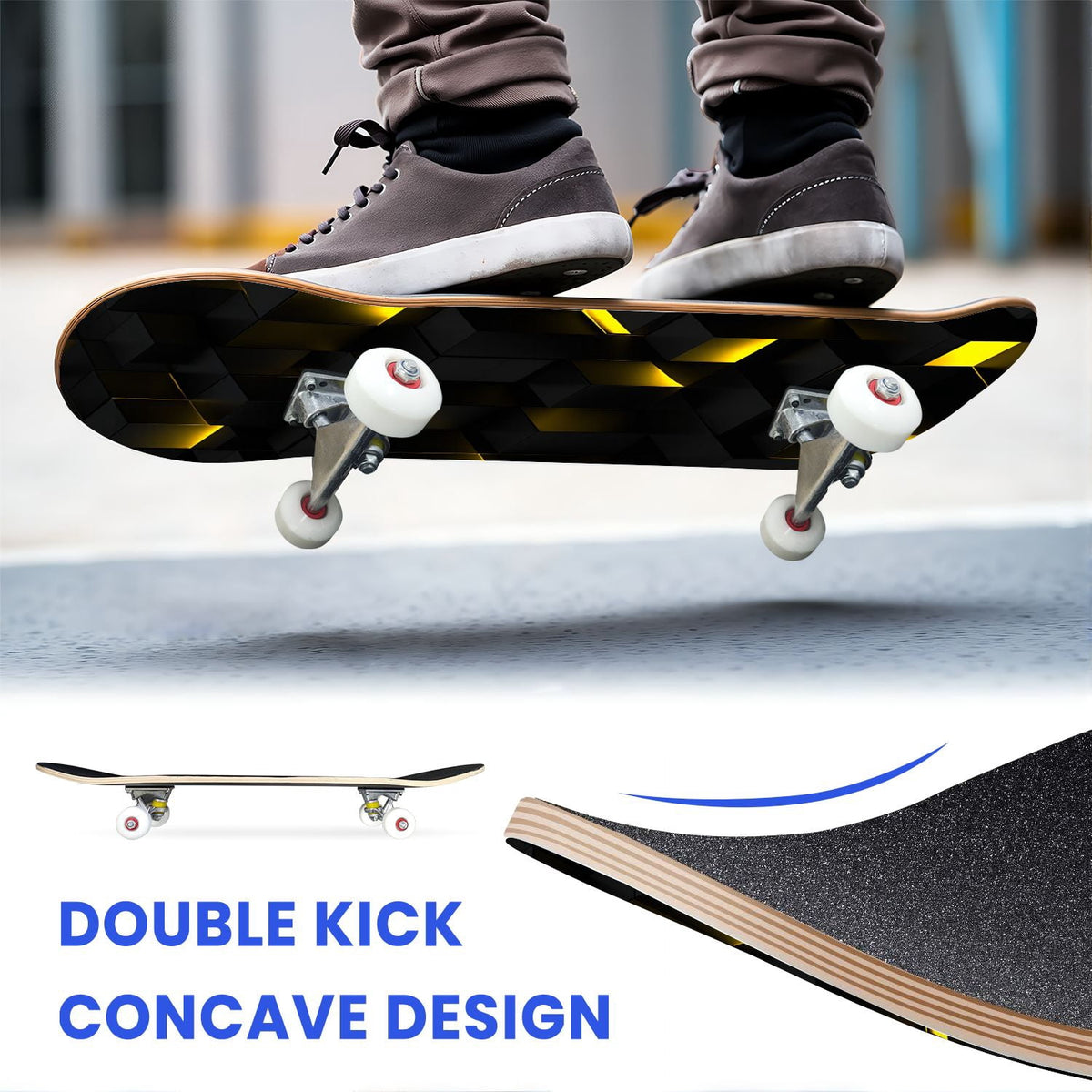31"x8" Complete Skateboards for Beginners, Honeycomb Futuristic Hexagonal Neon Glowing Orange Light Double Kick 7 Ply Canadian Maple Deck Skateboard with Wheels, Gifts for Kids Teens
